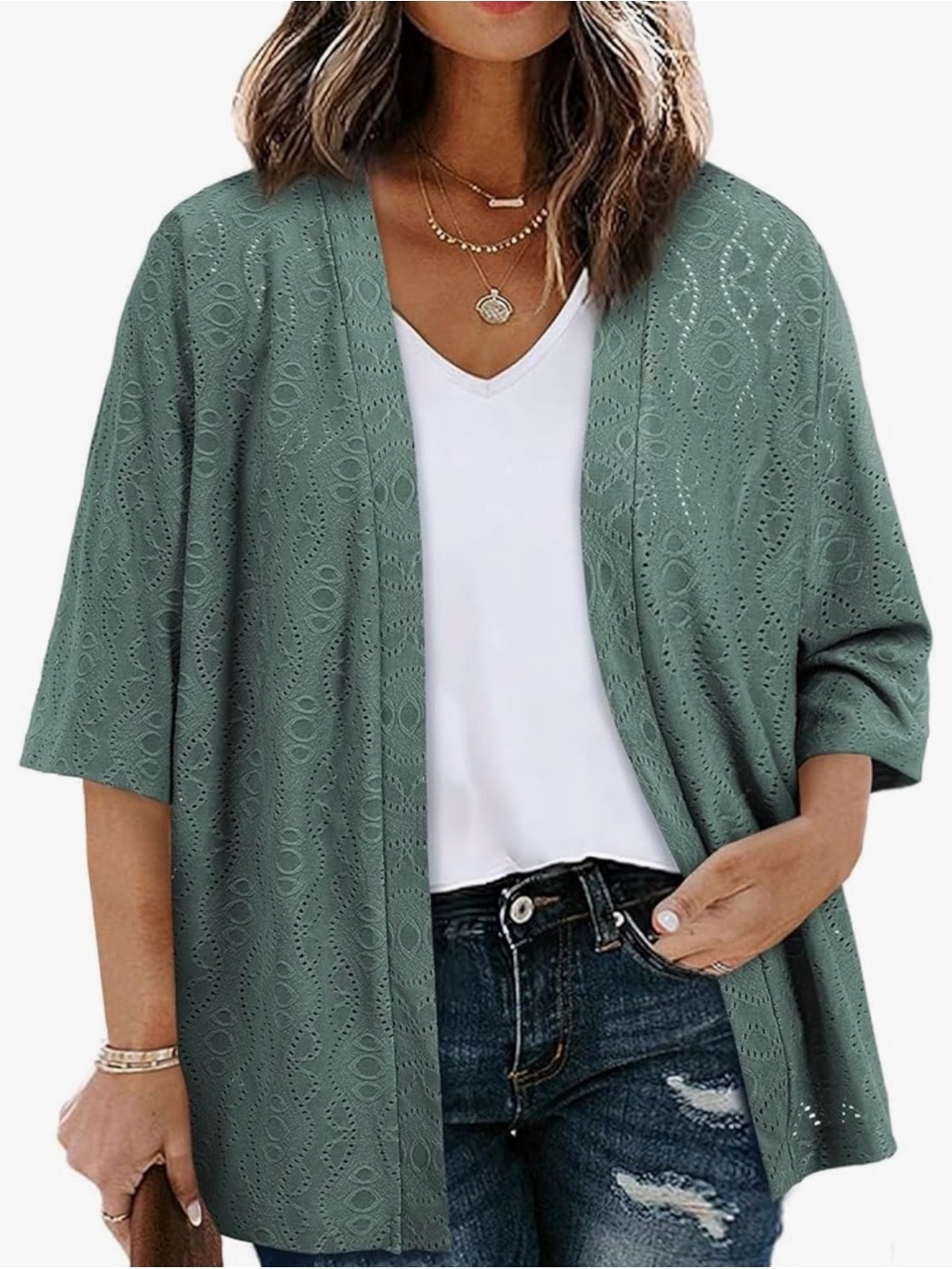 Casual Open-Front Eyelet Cardigan - Sage Green